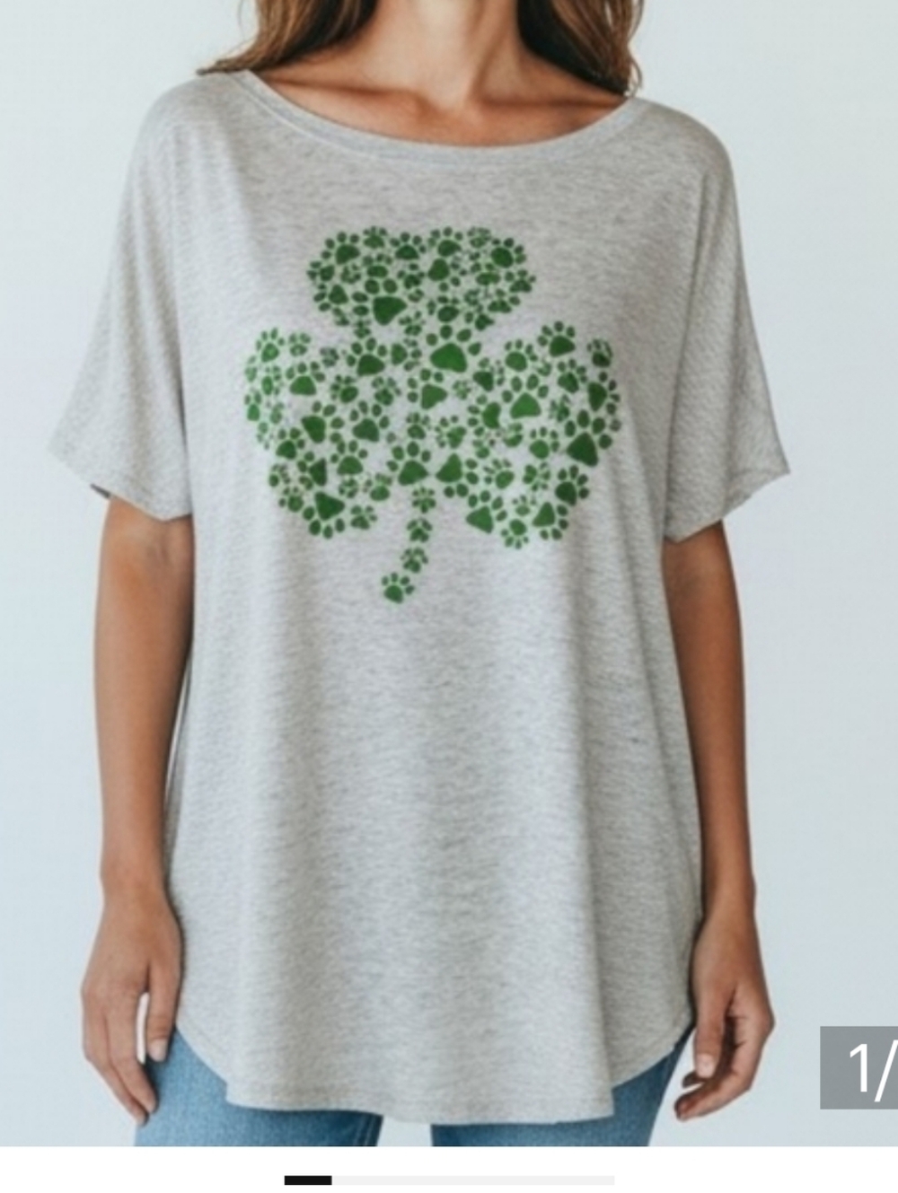 Next Level Apparel Light Gray Tee with Green Shamrock Pawprint L
